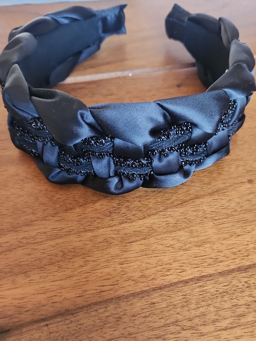 Fashion Nova Black Satin Braided Headband with Beaded Trim